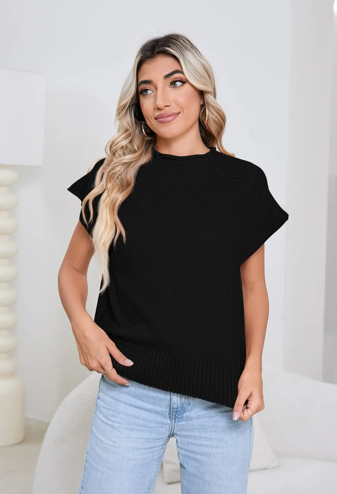 Pink Queen Sweater Vest for Women Cap Sleeve Sweater Tops Sleeveless Vest Summer Tops 2024 Clothes Oversized Tank Tops Trendy T Shirts Black M