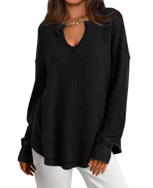 PRETTYGARDEN Womens Waffle Knit Long Sleeve Shirts V Neck Solid Color Casual Drop Shoulder Pullover Exposed Seam Fall Tops (Black, Large)