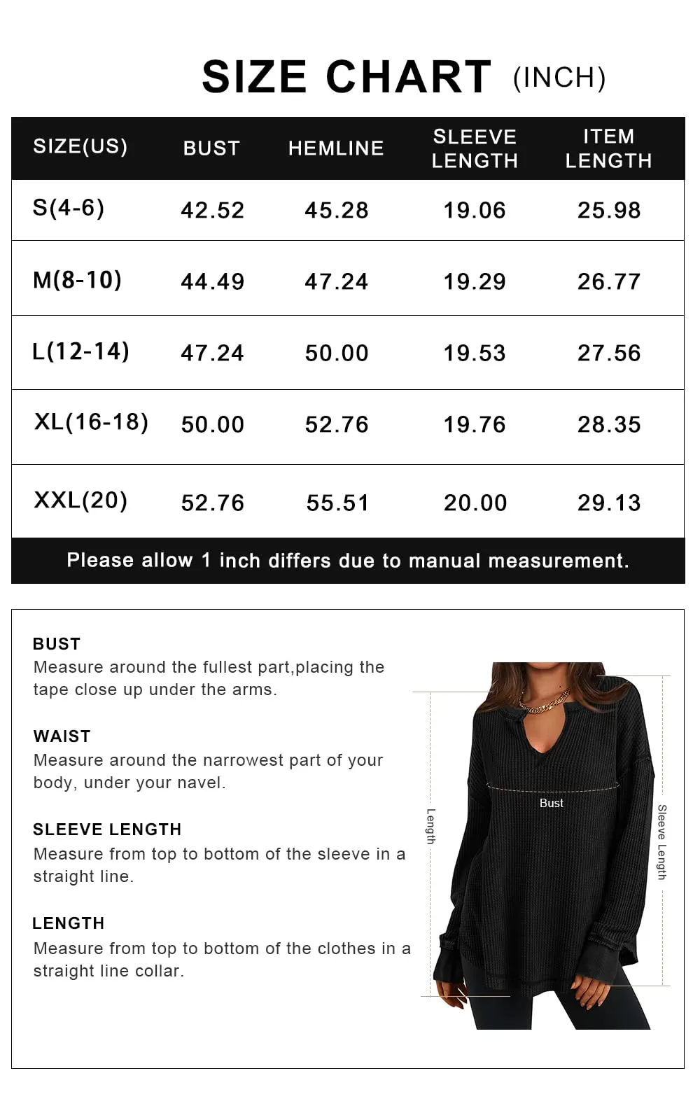 PRETTYGARDEN Womens Waffle Knit Long Sleeve Shirts V Neck Solid Color Casual Drop Shoulder Pullover Exposed Seam Fall Tops (Black, Large)