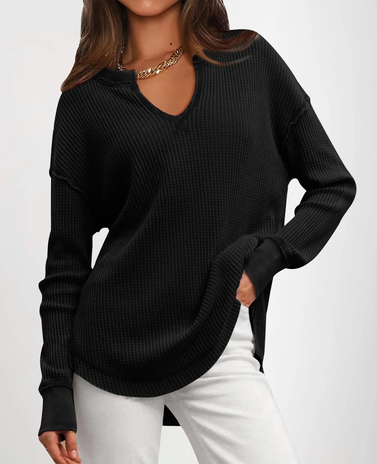 PRETTYGARDEN Womens Waffle Knit Long Sleeve Shirts V Neck Solid Color Casual Drop Shoulder Pullover Exposed Seam Fall Tops (Black, Large)