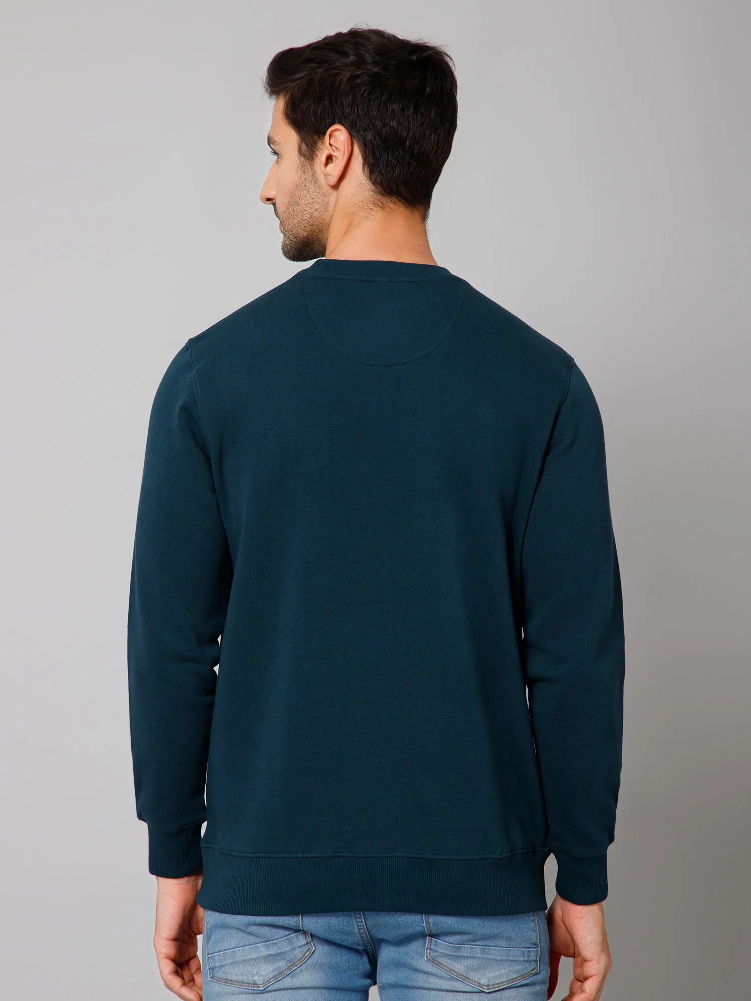 Solid Bottle Green Full Sleeves Round Neck Regular Fit Casual Sweatshirt for Men