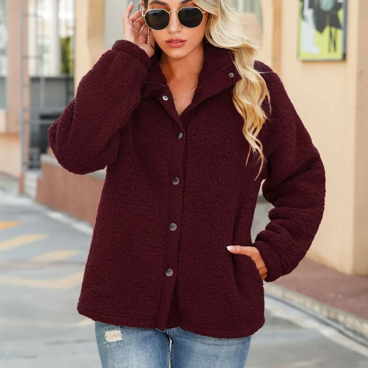 Solid Color Button Up Fleece Jacket