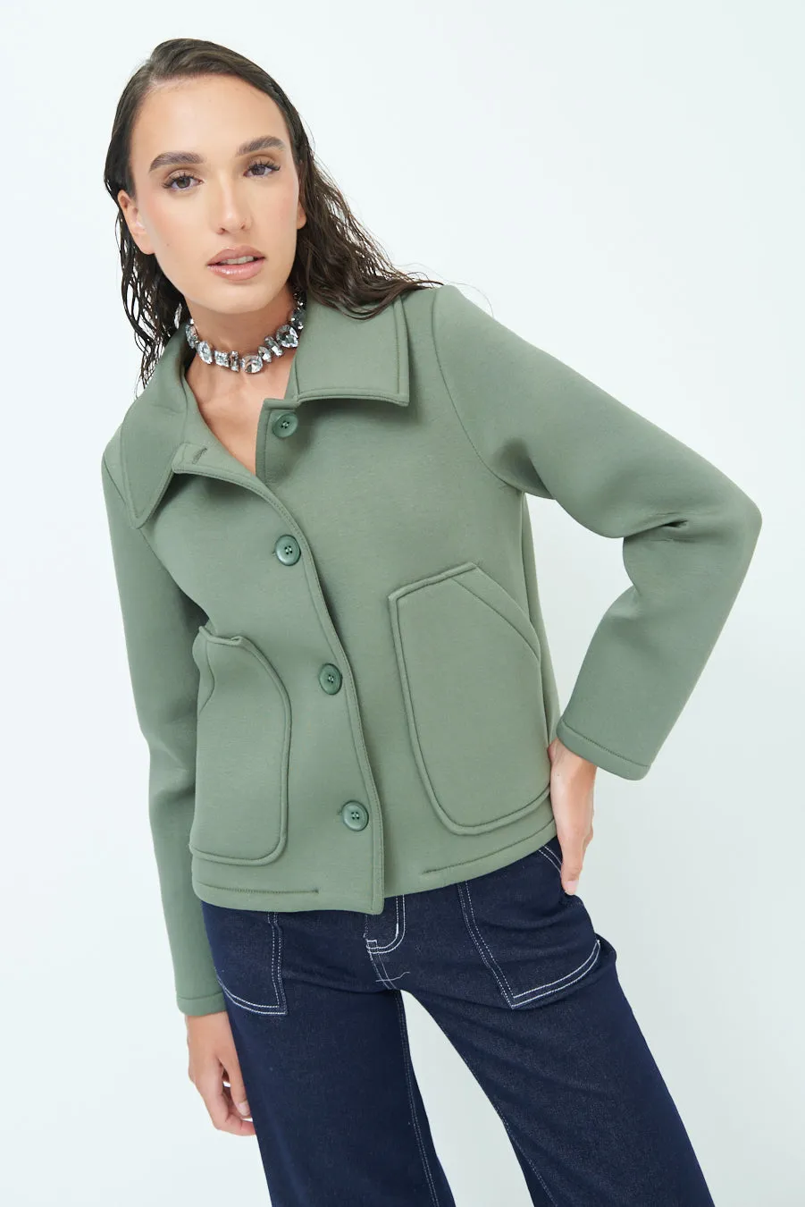 Stylish cropped jacket with classic collar wholesale