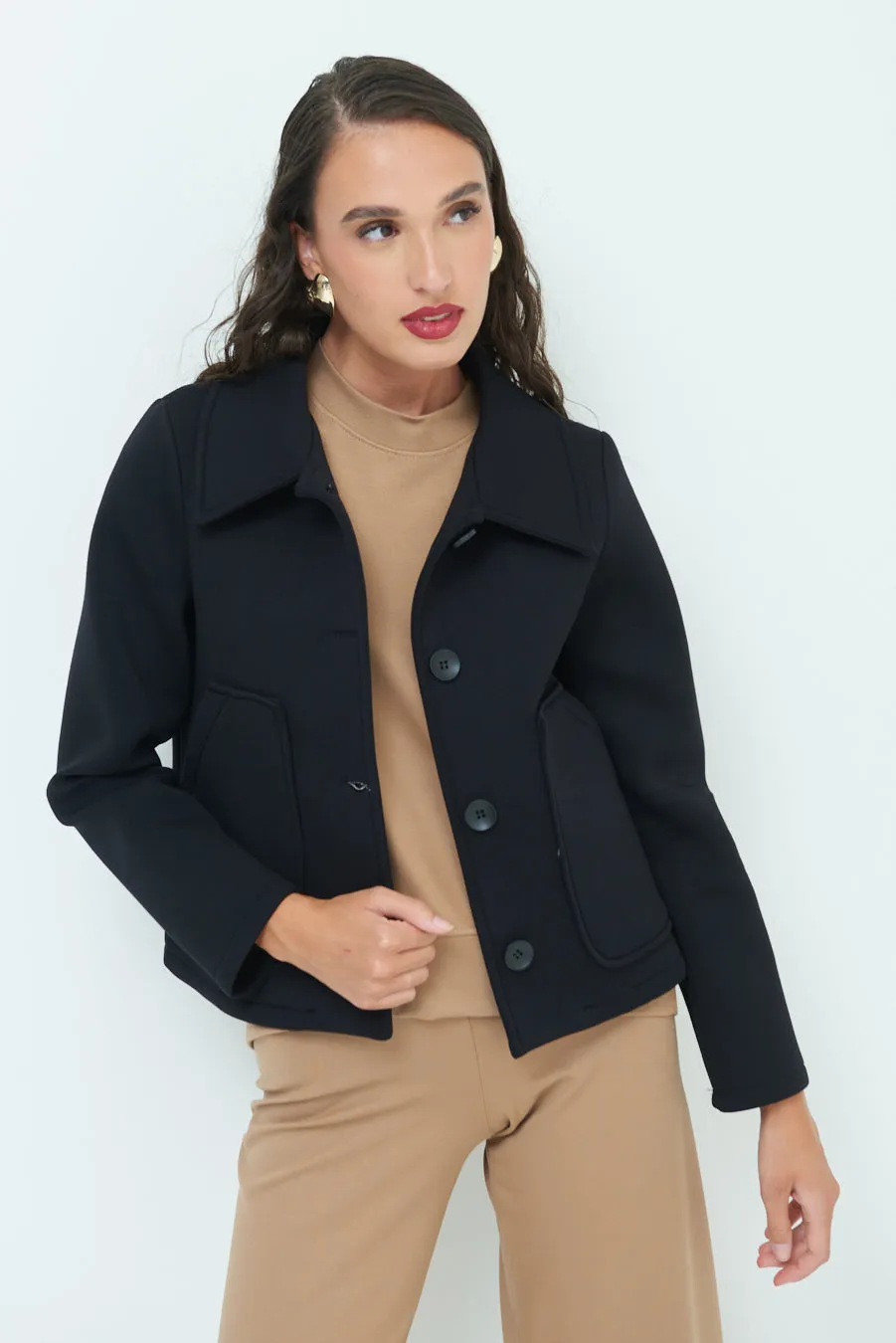 Stylish cropped jacket with classic collar wholesale