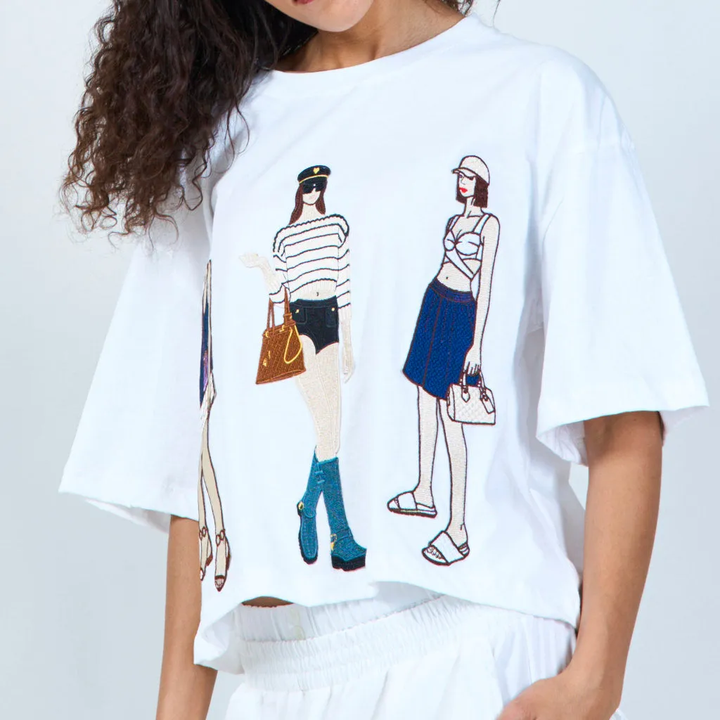 White stylish figures print t-shirt wholesale