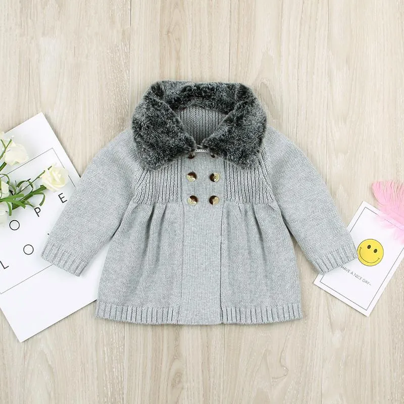 Winter Infant Baby Fur Collar Knitted Coat