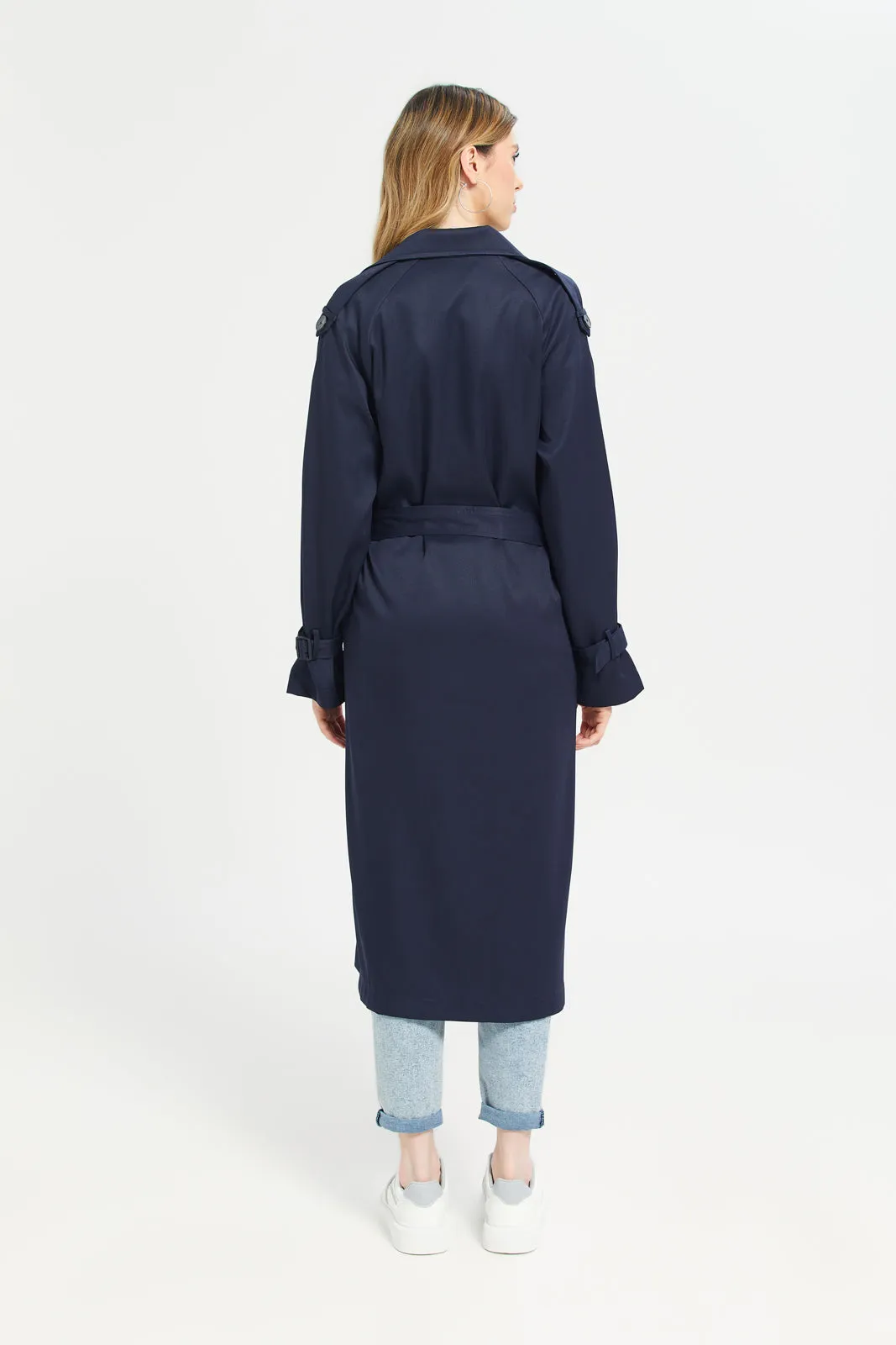 Women Navy Plain Long Casual Jacket