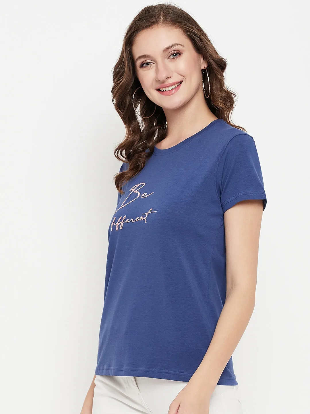 Women's Casual Regular Short Sleeve Blue Round neck Typographic Print T-Shirt