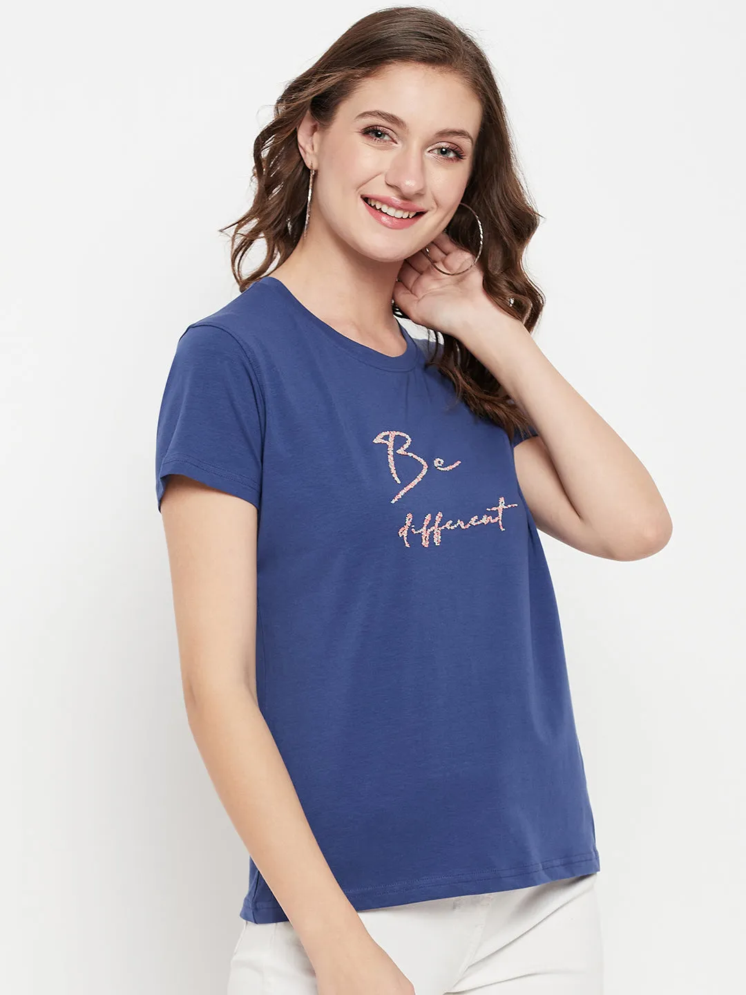 Women's Casual Regular Short Sleeve Blue Round neck Typographic Print T-Shirt