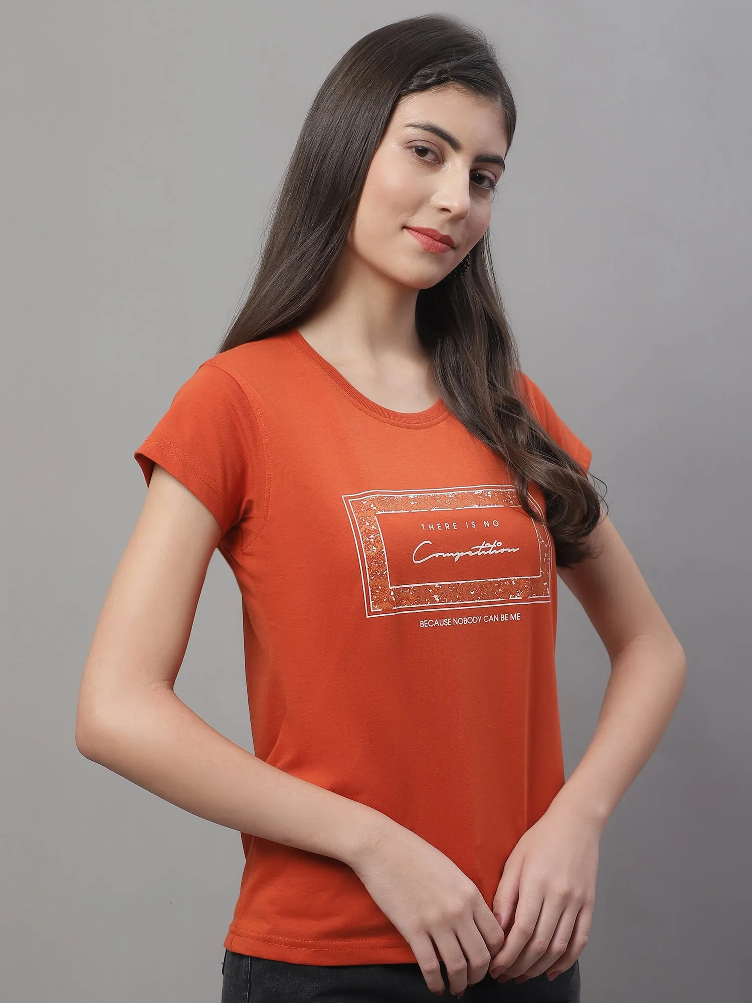 Women's Casual Regular Short Sleeve Rust Round neck Typographic Print T-Shirt