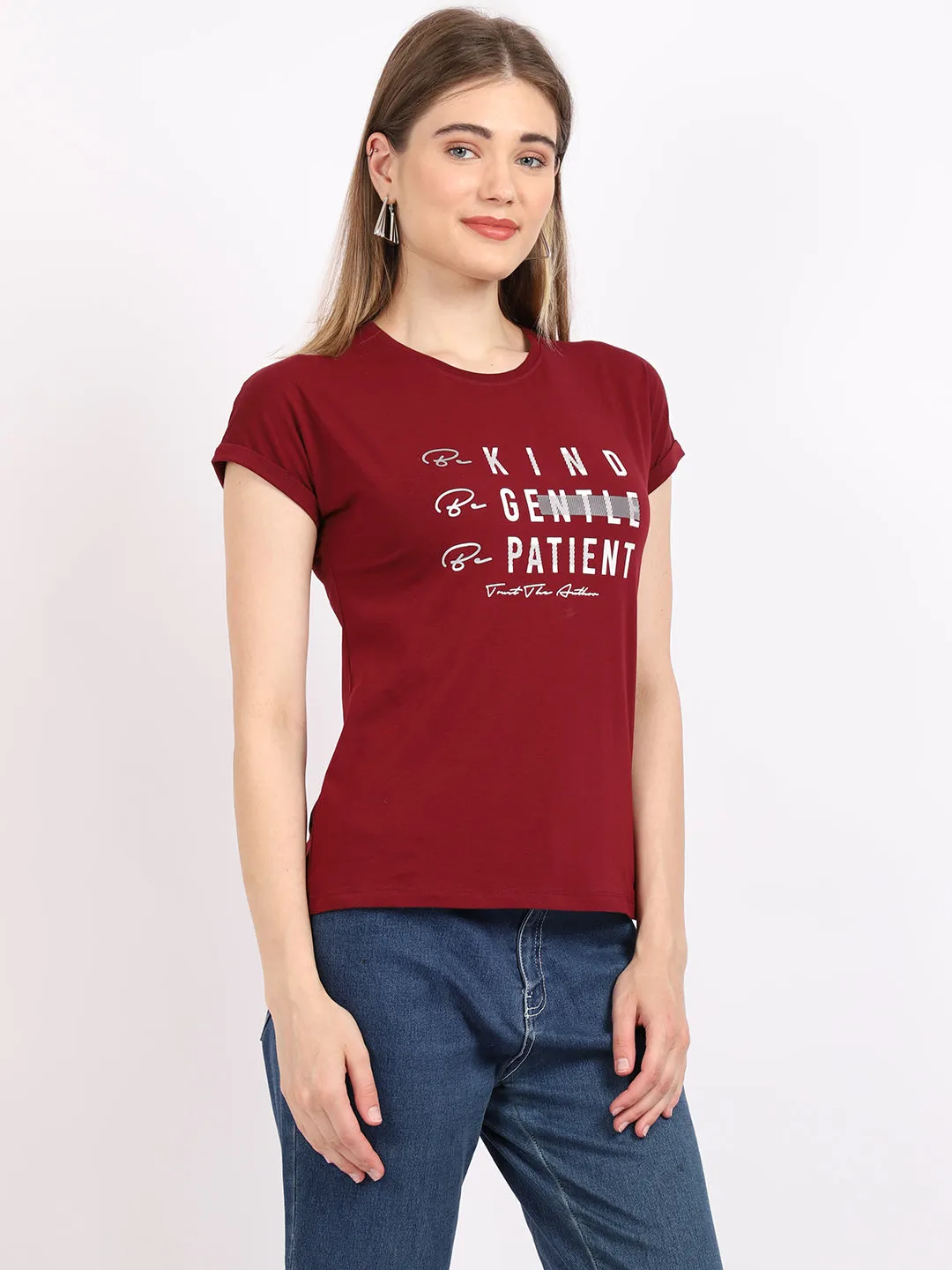 Women's Casual Regular Short Sleeve Wine Round neck Typographic Print T-Shirt