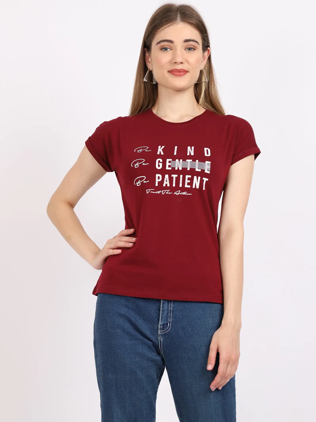 Women's Casual Regular Short Sleeve Wine Round neck Typographic Print T-Shirt