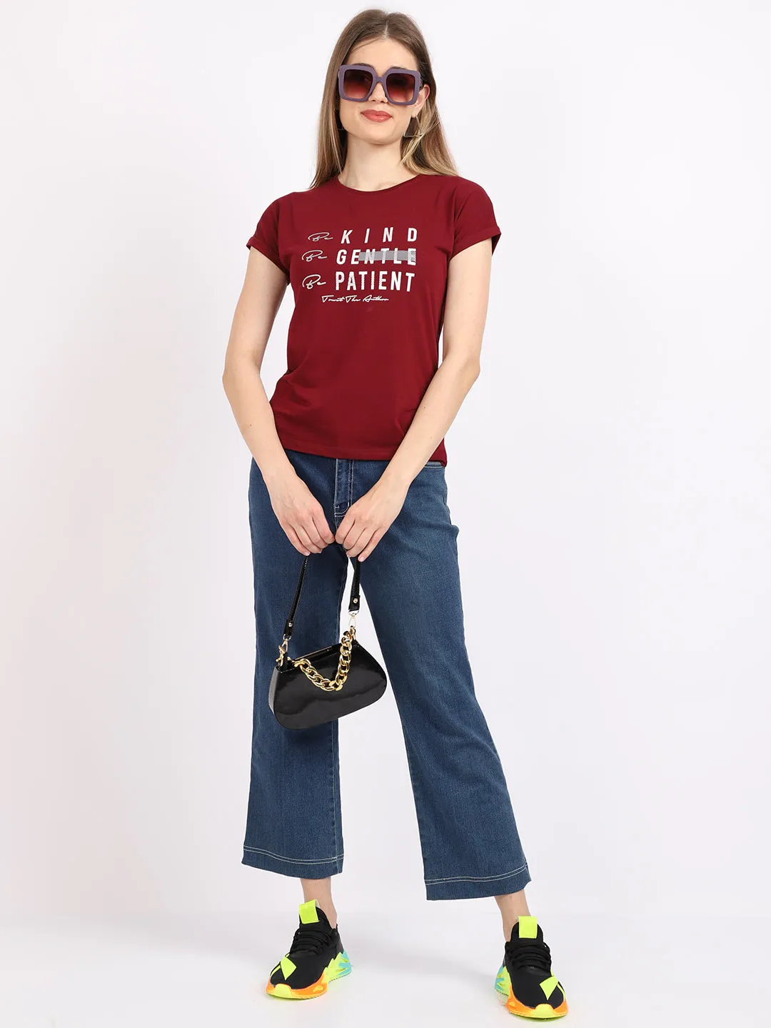 Women's Casual Regular Short Sleeve Wine Round neck Typographic Print T-Shirt