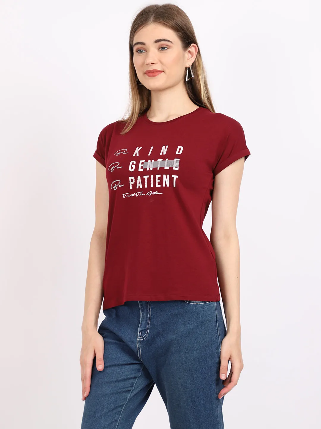 Women's Casual Regular Short Sleeve Wine Round neck Typographic Print T-Shirt