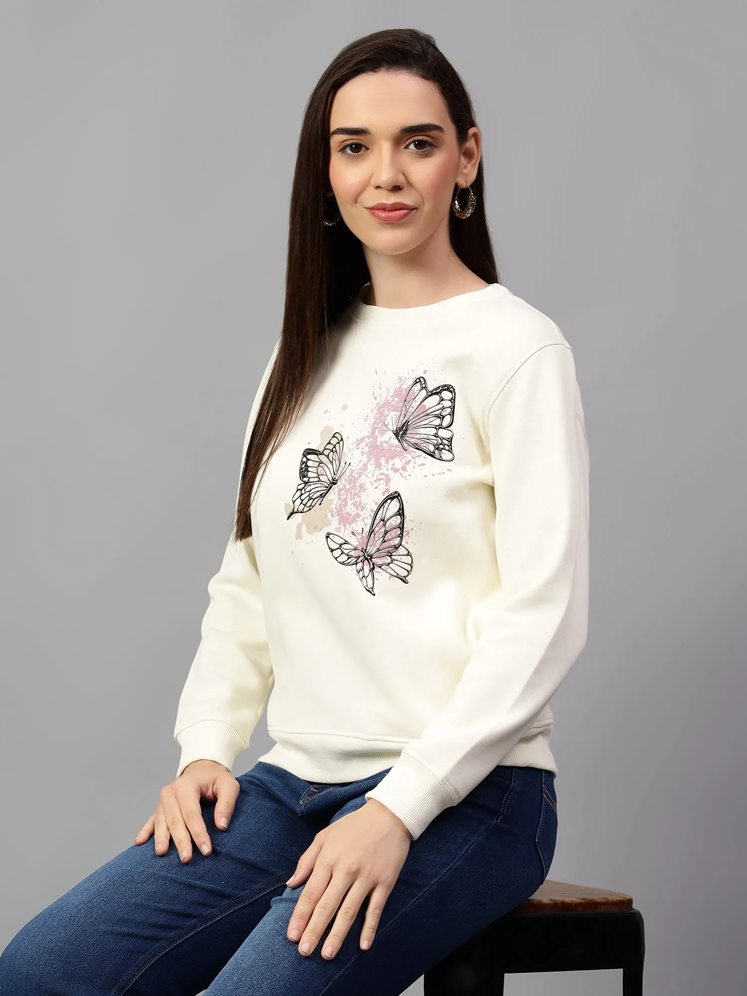 Women's Off White Printed Round Neck Sweatshirt