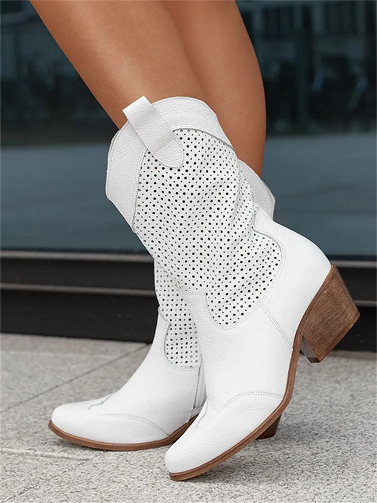 Women's retro openwork cowboy boots block heels mid calf western boots