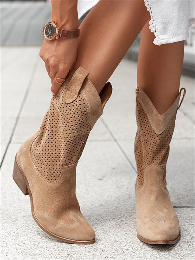 Women's retro openwork cowboy boots block heels mid calf western boots