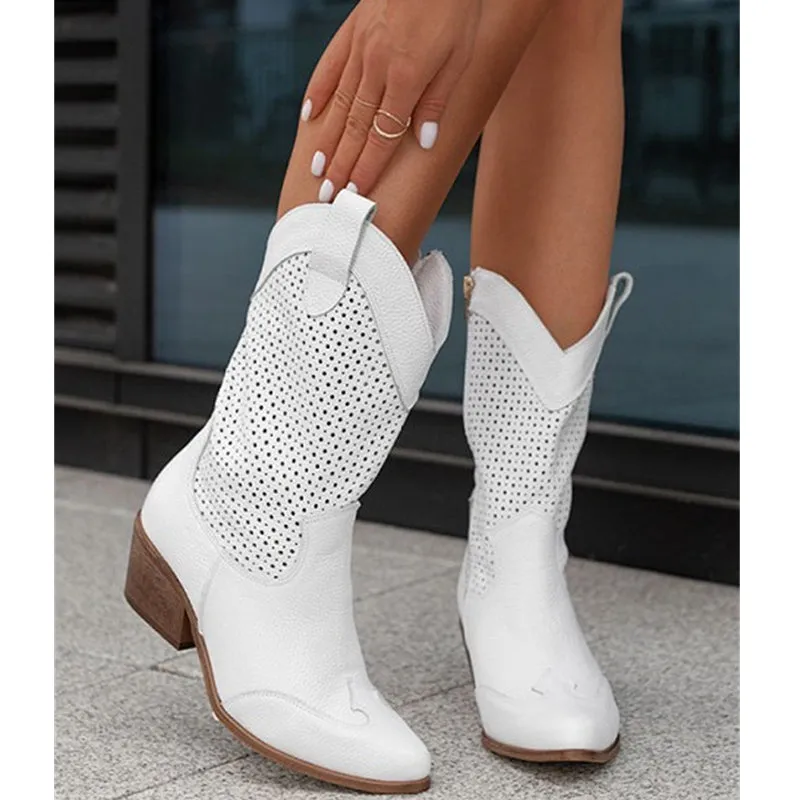 Women's retro openwork cowboy boots block heels mid calf western boots