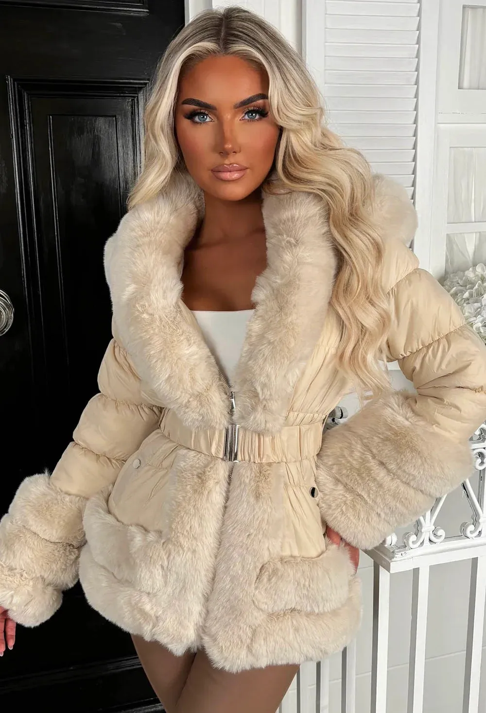 Wrapped In Romance Stone Faux Fur Trim Belted Puffer Coat